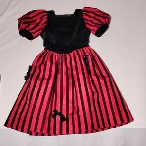 Sylvia Whyte Navy Velvet Red Black Striped Lined Kids Dress Sz 7 - Imperfect